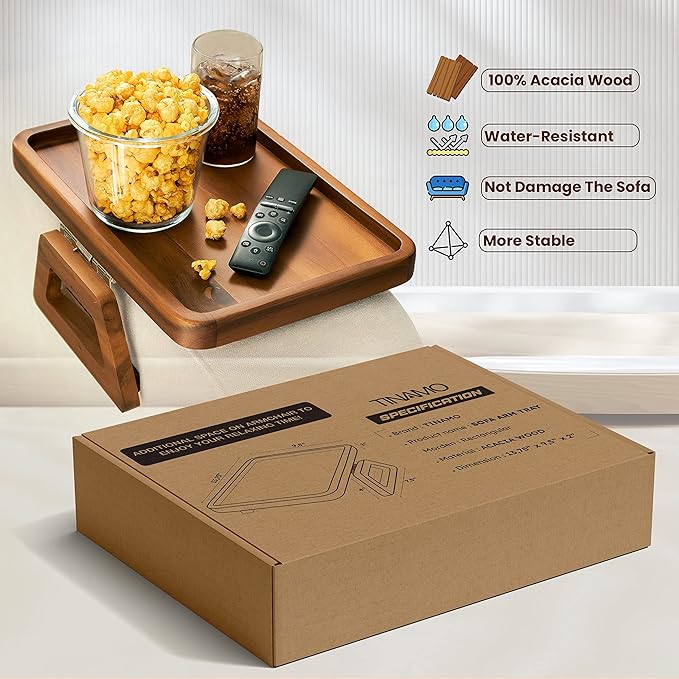 Tinamo Acacia Couch Arm Table - Wooden Sofa Armrest Tray - Clip-on Tray for Wide Couch - Side Table for Eating & Drink (Acacia)