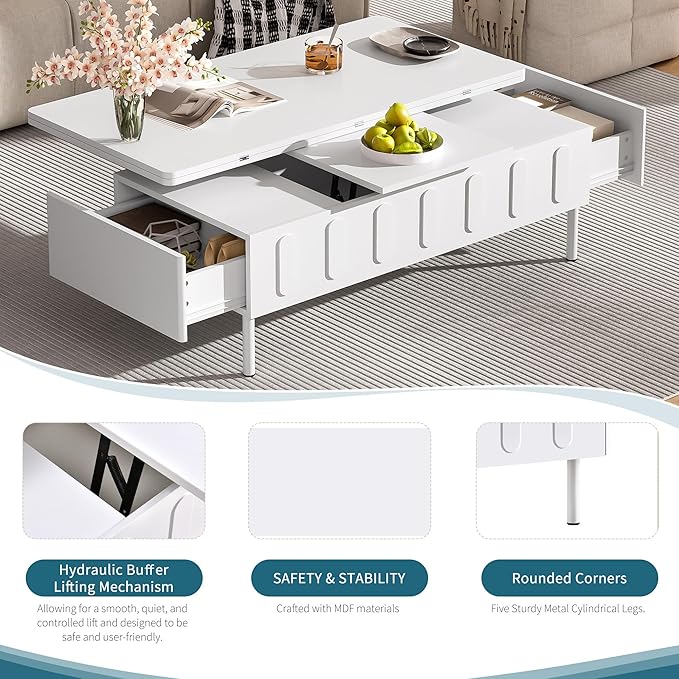 43.3-Inch Lift Top Coffee Table with Hidden Storage & 2 Drawers, Modern Multifunctional Center Table with Foldable Top for Living Room, White