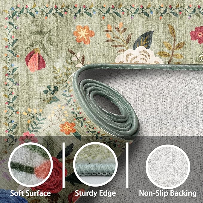 Floral Rug for Entryway, Green 2X3 Washable Kitchen Mat Ultra-Thin Soft, Non-Slip Indoor Door Carpet Stain Resistant Boho Small Low-Pile Throw for Bathroom Bedroom (2 x 3, Green Lawn)