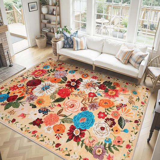 Washable Area Rug 8x10, Large Soft Rugs for Living Room Floral Yellow Carpet 8x10 Area Rugs for Bedroom Dining Room Non-Slip Stain Resistant Under Table Rug(Yellow Garden, 8 x 10)