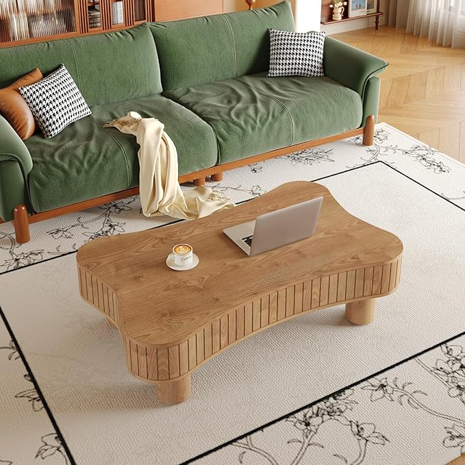 42.5" Lift Top Fluted Coffee Table with Hidden Storage Compartment, Modern Cloud-Shaped Wooden Center Table Cocktail Tea Table with Curved Safety Corners and Adjustable Height, Brown