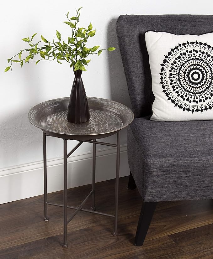 Kate and Laurel Mahdavi Hammered Metal Tray End Table, Pewter, 16.5 inch Diameter