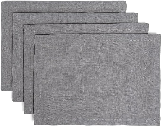 Over&Back Set of 4 Washed 100%-Linen Woven Placemats - Colorful Dining Table Mat - Machine Washable - Kitchen and Home Decor - Grey