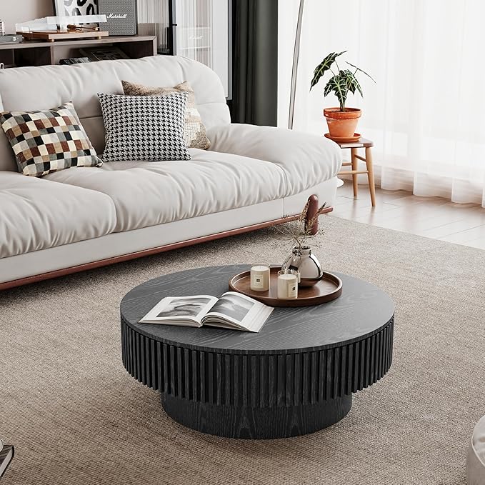 31.5 Inch Round Drum Coffee Table with Storage, Handcraft Fluted Drum Coffee Table, Modern Wooden Round Coffee Table Center Table with Sturdy Pedestal for Living Room Apartment (Black)