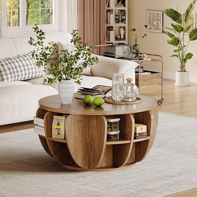 32.7" Lift Top Coffee Table with Storage, Wood Round Center Table with Hidden Storage Compartment & Shelves, Mid Century Modern Coffee Tables for Living Room Rustic Accent Small Center Table