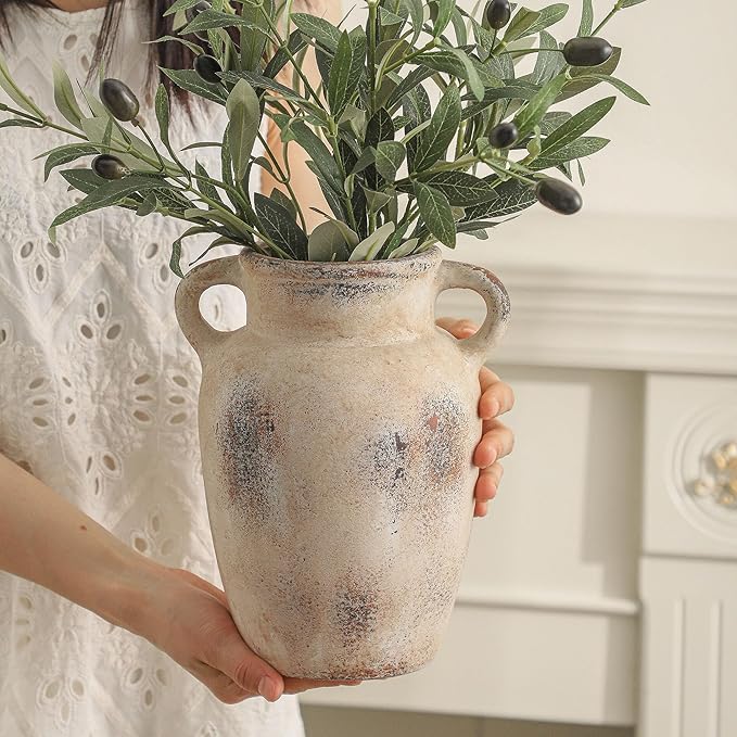 Farmhouse Ceramic Vase with Handle,9.7 inch Handcrafted Vintage Terracotta Pottery Vases for Shelf Decor, Coffee Table Styling, or Bedroom Accent