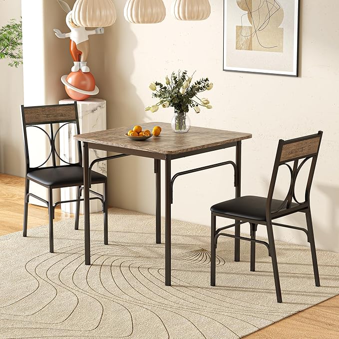 VECELO 3 Piece Dining Table Set for 2, Kitchen Table Set with 2 Chairs for Small Space, Space-Saving and Modern Design, Apartment, Easy to Assemble,Classic Brown