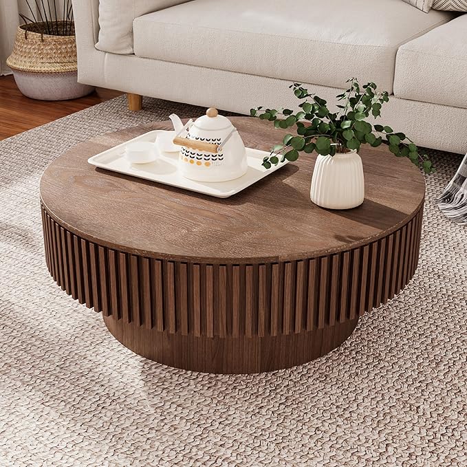 31.5 Inch Round Drum Coffee Table with Storage, Modern Handcraft Fluted Drum Coffee Table, Wooden Round Coffee Table Center Table with Sturdy Pedestal for Living Room Apartment (Walnut)