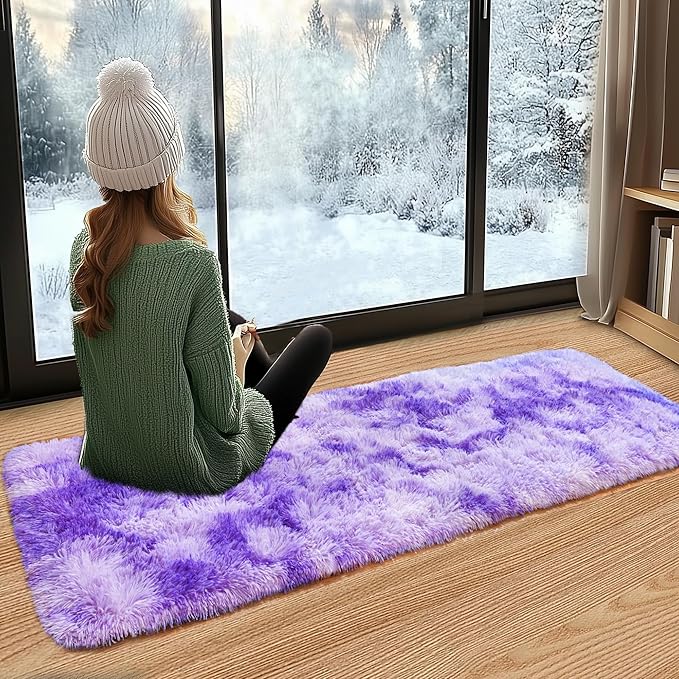 Small Runner Rugs for Bedroom Hallways, 2x4 Runners for Hallways Fluffy Throw Area Rug Non Slip for Bedside Dorm, Shag Rugs for Girls Boys Bedroom, Floor Carpet Runner for Kids Dorm, Tie-Dyed Purple
