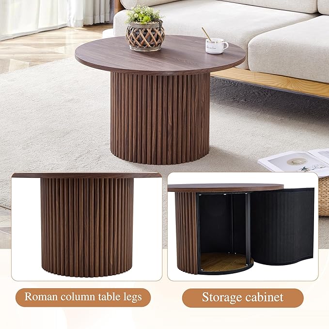 27.5" Modern Round Coffee Table with Storage, for Living Room, Circle Wood Accent Center Table for Apartment, Walnut