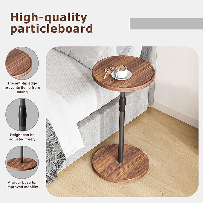 Adjustable End Table, Small Round Side Table, Drink Table for Small Spaces, Pedestal Nightstand for Living Room, Bedroom, Sofa Couch, Brown ET-010BR
