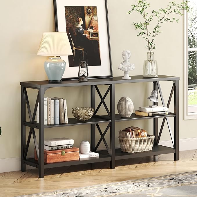 IBF Black Console Table, Modern Sofa Table Behind Couch, Industrial Entryway Table for Hallway Living Room, Farmhouse Wooden Metal Entry Table for Foyer with 3-Tier Storage Shelves, Black Oak, 55 Inch