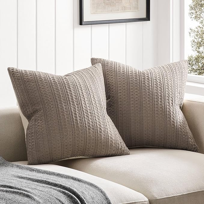 ZeeMart 100% Cotton Waffle Textured Throw Pillow Covers Set of 2, 16x16 Inch Cocoa Brown, Soft Farmhouse Decorative Couch Pillow Cases Brown Cushion Covers for Sofa Bed Living Room Home Decor