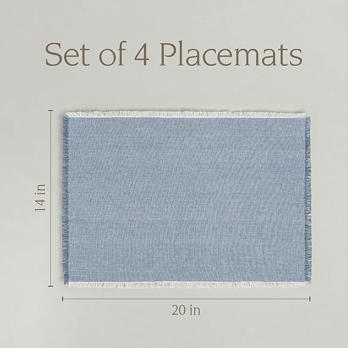Over&Back Set of 4 Woven Frayed Chambray Placemats - Colorful Dining Table Mat - Hand-Finished Frayed Edges - 100% Cotton - Machine Washable - Kitchen and Home Decor - Blue - 14" L X 20" W