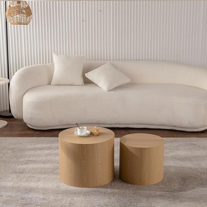 Nesting Coffee Table Set of 2, Modern Round Wooden Circle Accent Coffee Tables for Small Spaces Living Room Bedroom Balcony Office Drum Side Table