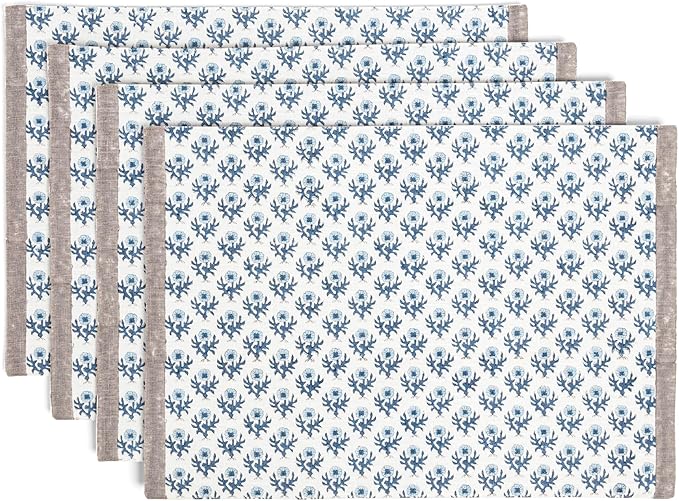 Over&Back Set of 4 Hand-Blocked Placemats - Colorful Dining Table Mat - Each Placemat is Unique - 100% Cotton - Machine Washable - Kitchen and Home Decor - Blue Blossom
