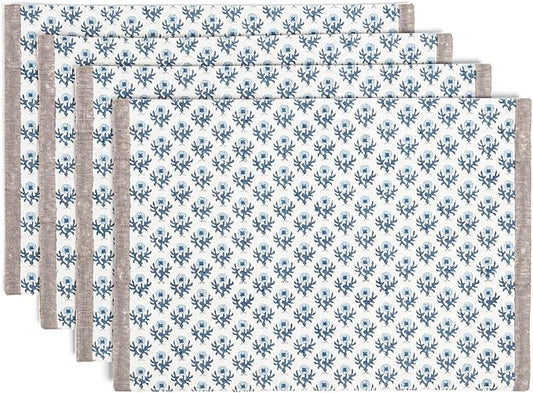 Over&Back Set of 4 Hand-Blocked Placemats - Colorful Dining Table Mat - Each Placemat is Unique - 100% Cotton - Machine Washable - Kitchen and Home Decor - Blue Blossom