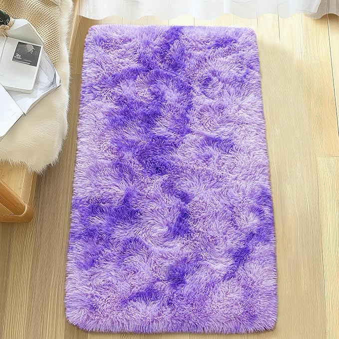 Small Runner Rugs for Bedroom Hallways, 2x4 Runners for Hallways Fluffy Throw Area Rug Non Slip for Bedside Dorm, Shag Rugs for Girls Boys Bedroom, Floor Carpet Runner for Kids Dorm, Tie-Dyed Purple