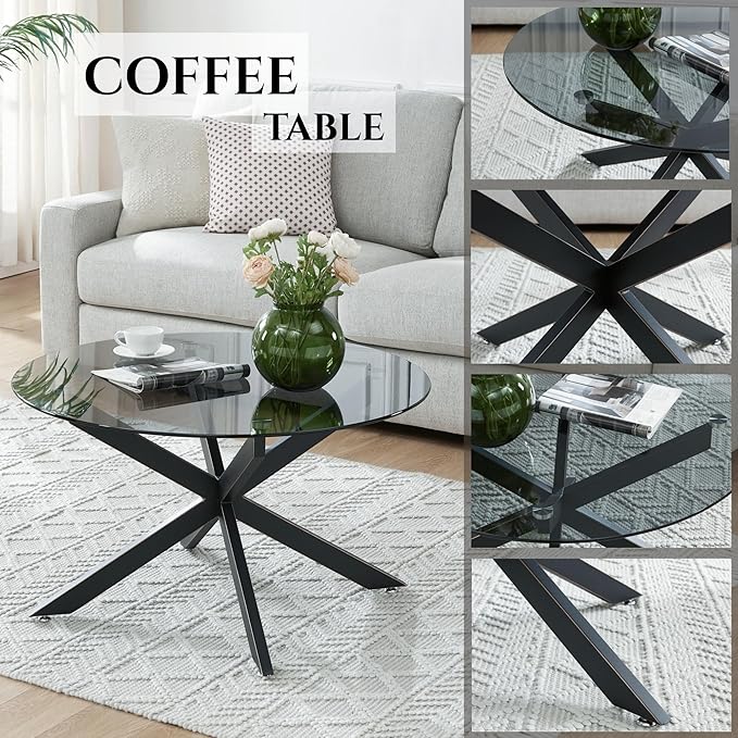 Round Glass Coffee Tables for Living Room, Home Office, Modern & Simple Center Table with Gray Tempered Glass Top, 35.5" Wx19.7 H Black