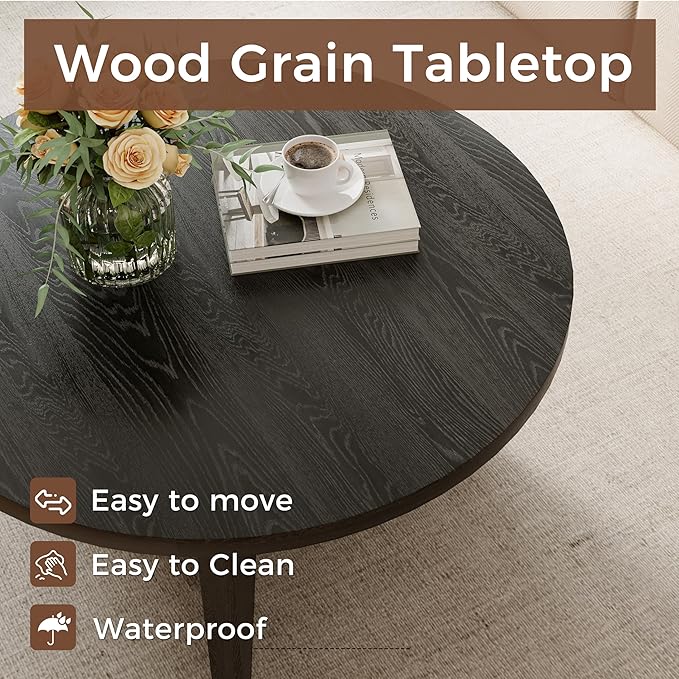 Luoxiao 27.5'' Coffee Table for Small Space, Minimalist Modern Table for Living Room, Durable & Sturdy Small Round End Table with Adjustable Feet Pads, Black