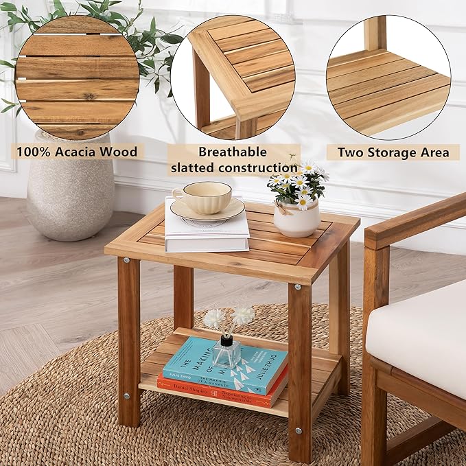 Double Adirondack Side Table, Weather-Resistant Rectangular End Table for Patio, Garden, Lawn, and Living Room. Ideal as a Stylish Indoor and Outdoor Side Table Companion, Light Natural