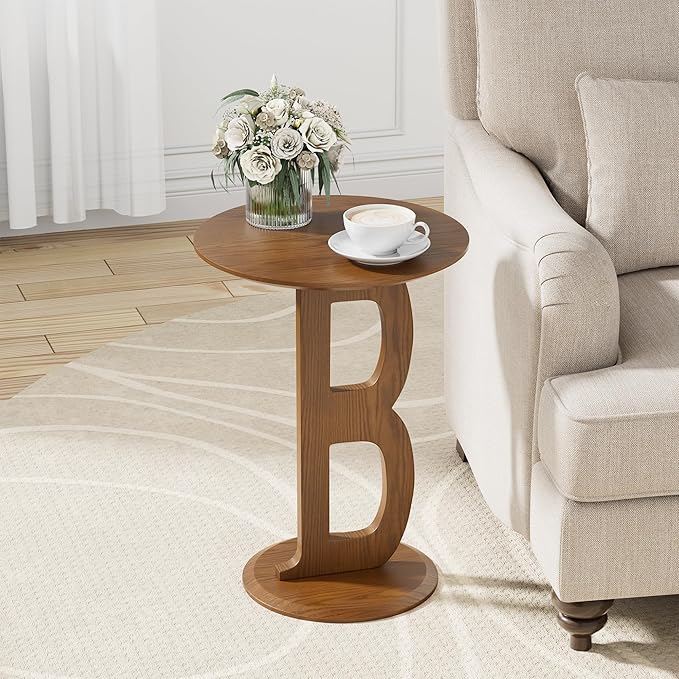 Aoligrace Round Side Table, Modern End Table with Letter B Leg, Wooden Accent Table for Couch Small Coffee Tables Nightstand for Small Spaces Living Room Bedroom