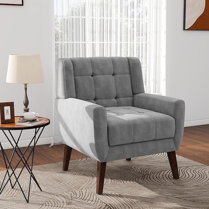 2 Pack Mid Century Modern Accent Chairs, Button Tufted Velvet Upholstered Armchairs with Arms - Matching Set for Living Room, Comfortable Sofa Chairs for Bedroom & Home Office, Compact, Gray