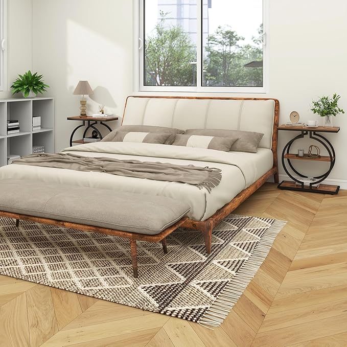 GiftGo Narrow End Table with O-Shaped Geometric Base Vintage Industrial Sofa Chair Side Table for Living Room Slim Nightstand for Bedroom Stylish Beside Table with 3 Storage Shelves (1, Rustic Brown)