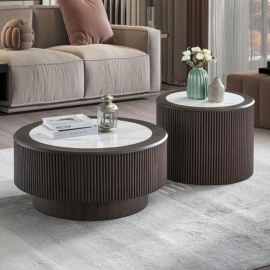 Nesting Coffee Table Set of 2, Modern Round Wooden Circle Accent Coffee Tables for Small Spaces Living Room Bedroom Balcony Office Drum Side Table