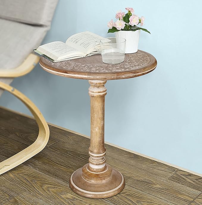 Wooden Pillar Round End Table, Modern Round Wooden Coffee Table, Living Room Rustic Side End Table for Magazines, Books, Plants & Perfect for Christmas Decoration -18x22 Inch White Wash