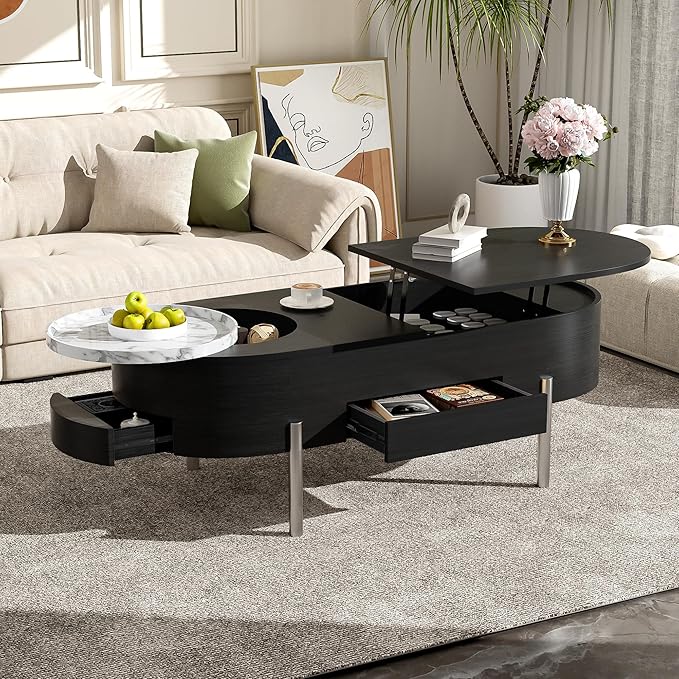 Lift Top Coffee Table with Hidden Compartment, Modern 47.2'' Oval Wooden Center Table Cocktail Tea Table with 360-degree Marble-Patterned Rotating Tray and 3 Drawers for Living Room,Black