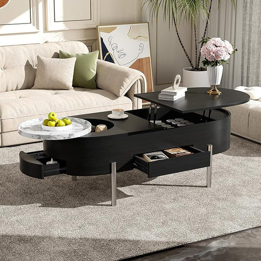 Lift Top Coffee Table with Hidden Compartment, Modern 47.2'' Oval Wooden Center Table Cocktail Tea Table with 360-degree Marble-Patterned Rotating Tray and 3 Drawers for Living Room,Black
