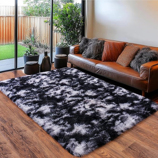 Black and White Rug for Bedroom, 4x6 Area Rug for Kids Room, Bedside Indoor Floor Fluffy Shag Carpet, Plush Soft Rug for Living Room Nursery Dorm Home Decor