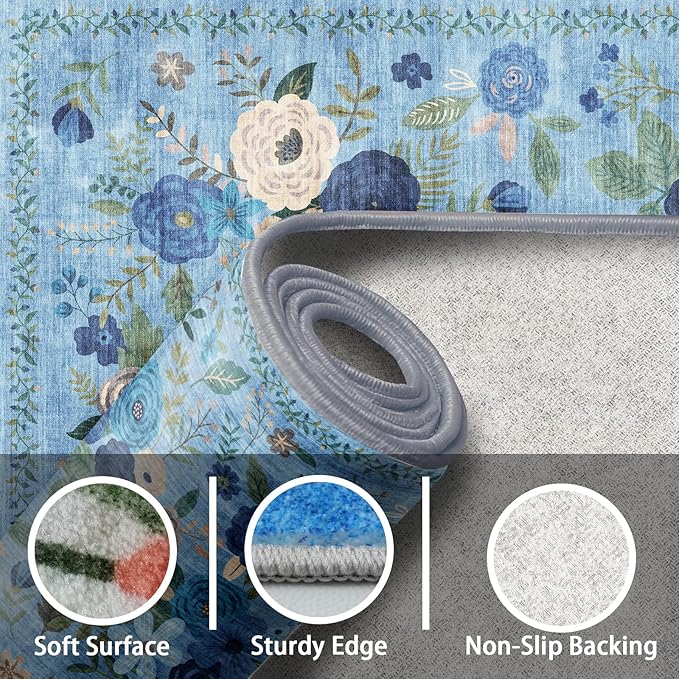 Area Rugs 24x17 Inch Home Decor Entry Rug, Small Door Mat Bath Mats for Bathroom, Ultra-Thin Non Slip Floral Low Pile Tub Mat for Sink Shower Doorway Tub Kitchen Sink(2 x 1.4 ft, Blue Lawn)