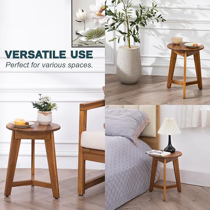 Round Side Table – Solid Acacia Wood End Table for Living Room or Bedroom – Natural Wood Finish, Compact Nightstand or Accent Table for Sofas & Beds (13x16x13 Inches)