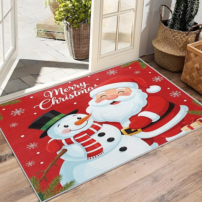 Merry Christmas Rug Red - 3x5 Rug, Santa Claus Door Mat Indoor Entrance, Merry Christmas Entryway Throw Rugs, Snowman Carpet, Xmas Holiday Home Decor & Gifts