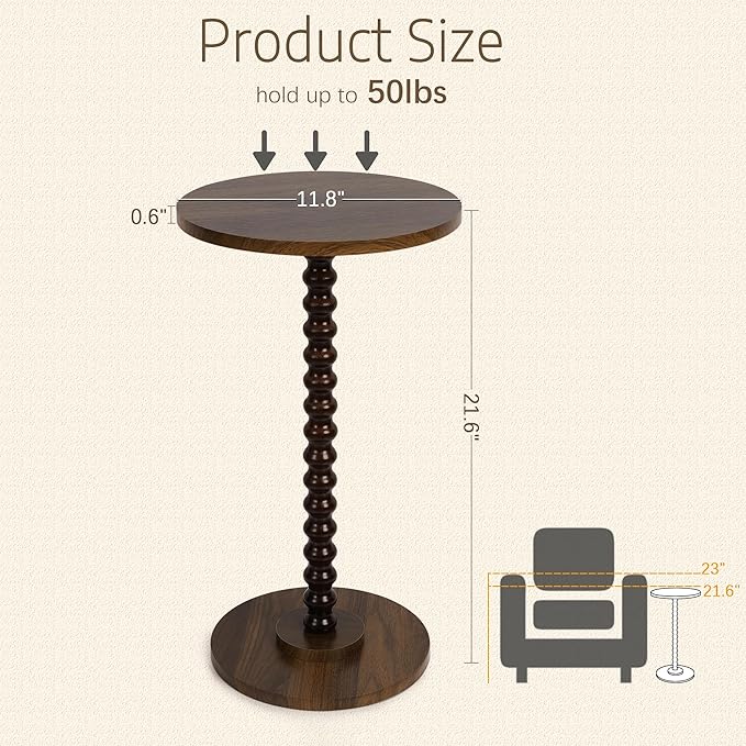Round Side Table, Small End Table for Small Space, Modern Accent Table with Solid Wood Leg, Easy Assembly for Living Room, Bedroom, Corners, and Office (Rustic Brown)