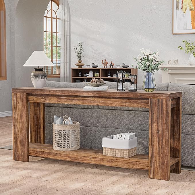 Farmhouse Console Table with Storage Shelf, 70.9” Extra Long Sofa Table Behind Couch, Rustic Entryway Table for Hallway, Living Room, or Foyer, Wooden Texture MDF Board, Rustic Brown