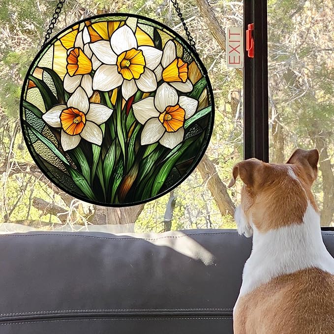 Stained Glass Window Hanging, Yellow and White Daffodils Sun Catcher for Door Home Decor Plants Flowers Suncatcher Christmas Mother's Day Birthday Gifts for Women Men Mom Nana 7.8 in