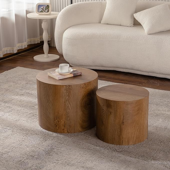 Nesting Coffee Table Set of 2, Modern Round Wooden Circle Accent Coffee Tables for Small Spaces Living Room Bedroom Balcony Office Drum Side Table