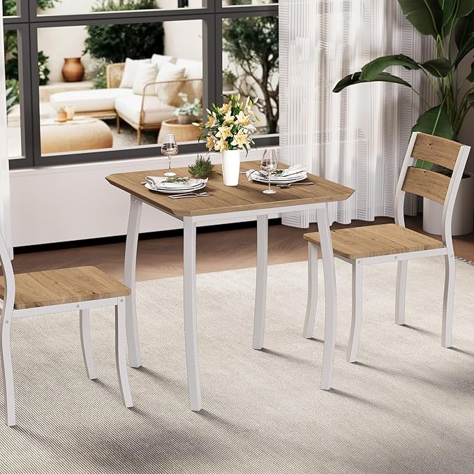 Small Dining Table Set for 2,3-Piece Kitchen Table Set with Thick Wood Grain Tabletop & 2 Upholstered Chairs & Metal Frame, Compact Table Set for Small Spaces & Kitchens & Dining Rooms（Natural）