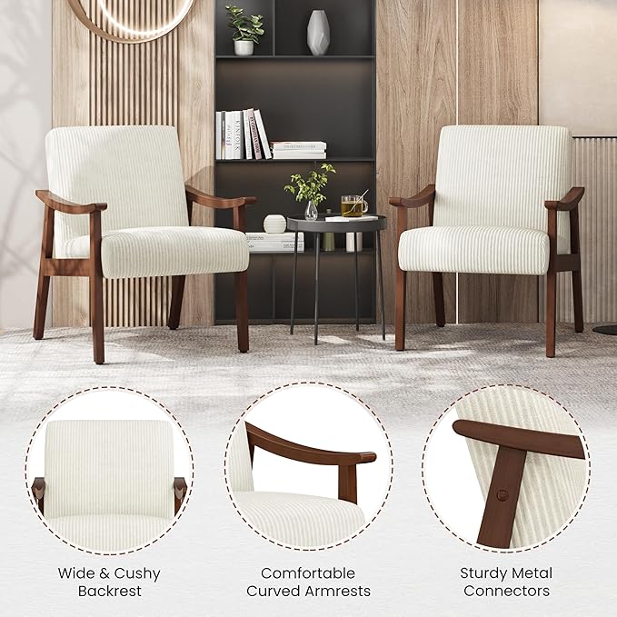 Yaheetech Corduroy Accent Chair, Mid-Century Modern Armchair with Solid Wood Legs, Reading Leisure Chair with High Back for Living Room Bedroom Waiting Room Beige