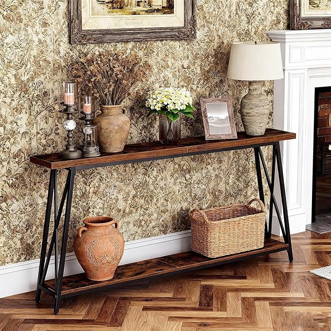 63" Solid Wood Entryway Table Narrow with Shelves, 2-Tier Storage Long Couch Table Behind Sofa Console Tables for Living Room, Entrance, Hallway, Foyer(Rustic Brown,35.4"x9.8"x31.5")
