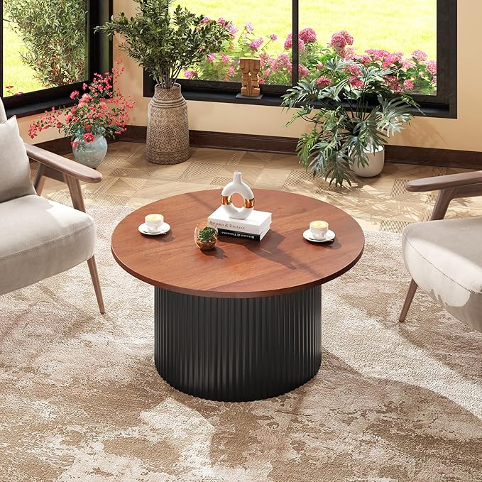 Giantex Round Coffee Table, 32" Wooden Accent Cocktail Tea Table with Solid Wood Veneered & Fluted Design, Mid Century Modern Center Table for Living Room, Black & Walnut