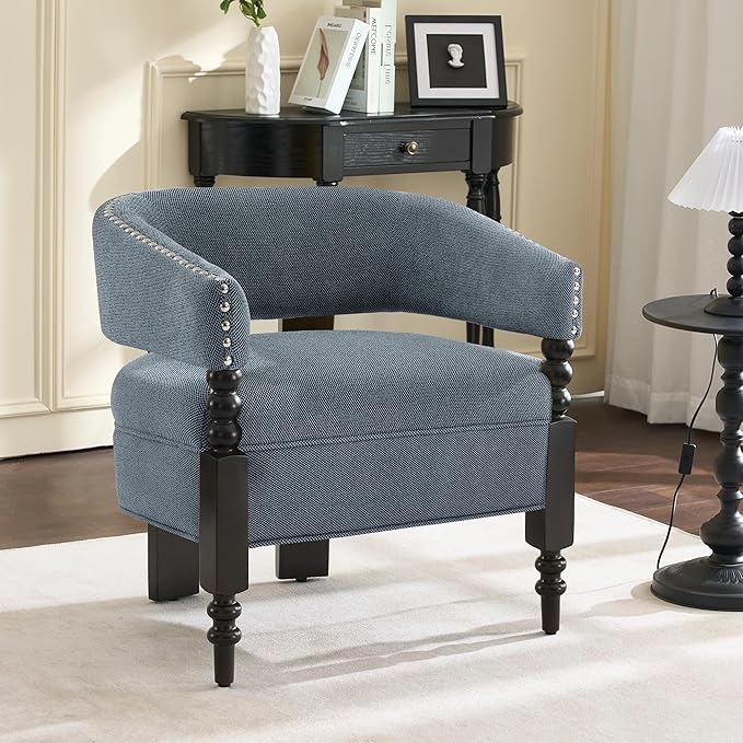 LOULENS Barrel Accent Chairs Set of 2, Vintage Linen Upholstered Lounge Chair with Solid Wood Legs, Comfy Leisure Side Armchair for Living Room, Bedroom, Reading Nook, Corner, Blue