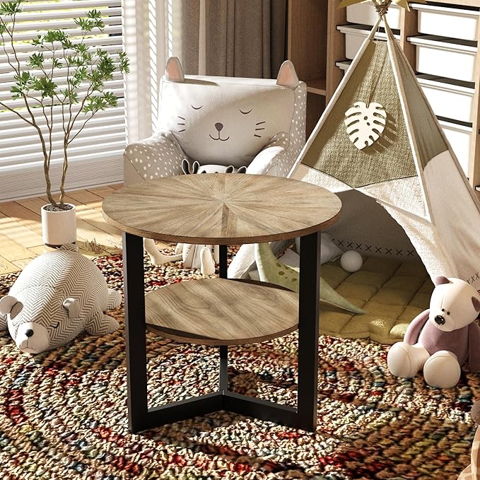 MODERION Round Large End Table with 2 tire Storage Shelf, 25.2” Solid Wood Sofa Side Table with Black Metal Frame, Beside Table for Living Room,Small Space Rustic Natural CJZ1338