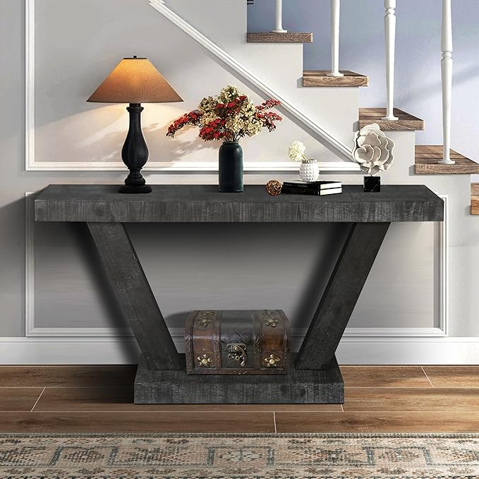 60" Wood Console Table for Entryway Bench with 2-Tier Veneer Storage Cabinet, Rustic Wide Design for Hallway, Living Room & Behind Sofa,Antique Black
