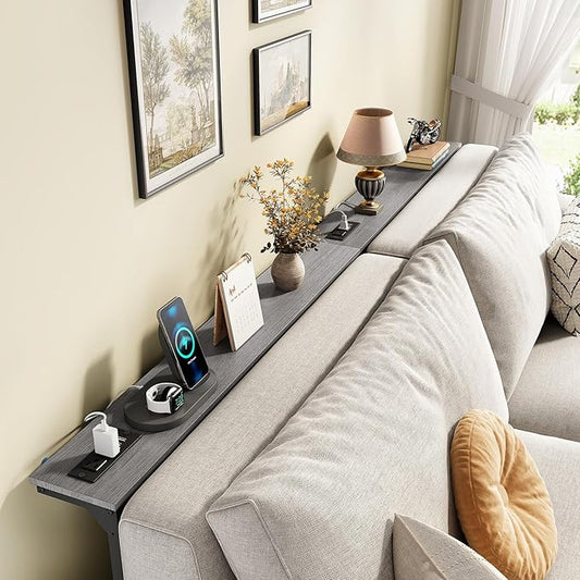 Kitstorack 2-Pack Dark Gray Long Sofa Table Behind Couch, Adjustable Height (25"-33") & 2 Power Outlets, Narrow Console Table, 5.9" D x 79" L, Thin, Split Design for Separate Use