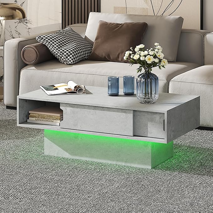 LED Coffee Table with Storage, Rectangular Center Table for Living Room, Modern High Glossy Farmhouse Grey Coffee Table with 16 Colors LED Lights, Wooden Living Room Table