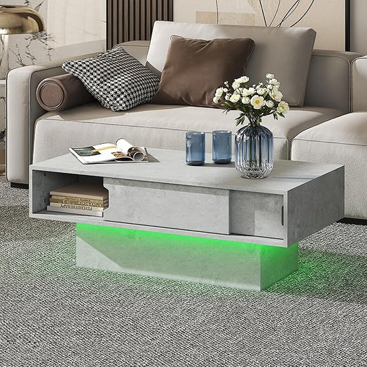 LED Coffee Table with Storage, Rectangular Center Table for Living Room, Modern High Glossy Farmhouse Grey Coffee Table with 16 Colors LED Lights, Wooden Living Room Table